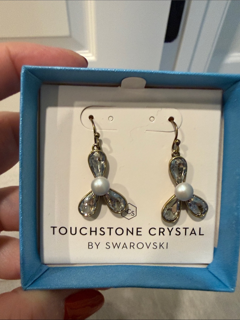Touchstone Crystal Gold-Tone Pearl & Clear Crystal Drop Earrings
